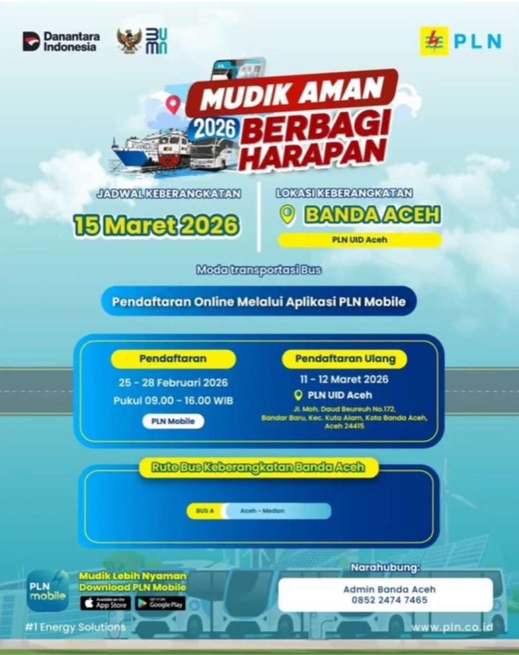 PLN UID Aceh Buka Pendaftaran Mudik Gratis 2026 Rute Aceh-Medan