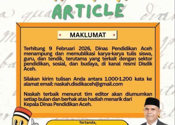 Dinas Pendidikan Aceh Buka “Call for Article”: Terima Karya Tulis Siswa, Guru, dan Tendik Mulai 9 Februari 2026