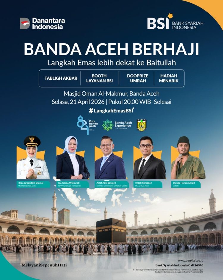 *BSI–Pemko Banda Aceh Hadirkan “Banda Aceh Berhaji”, Ustadz Hanan Attaki Isi Kajian Spiritual*  Banda Aceh – Dalam rangka memperingati Hari Ulang Tahun (HUT) ke-821 Kota Banda Aceh, Bank Syariah Indonesia (BSI) bersama Pemerintah Kota Banda Aceh menghadirkan program “Banda Aceh Berhaji” sebagai upaya mendorong masyarakat mempersiapkan ibadah haji sejak dini, baik dari sisi finansial maupun spiritual.  Sebagai bagian dari rangkaian kegiatan tersebut, BSI dan Pemko Banda Aceh akan menggelar kajian spiritual bersama Ustadz Hanan Attaki pada Selasa malam Rabu, 21 April 2026, di Masjid Oman Al Makmur, Banda Aceh.  Program ini menjadi wujud sinergi antara sektor perbankan syariah dan pemerintah daerah dalam memperkuat literasi serta inklusi keuangan syariah, khususnya dalam perencanaan ibadah haji yang terarah dan berkelanjutan.  Area Manager BSI Area Banda Aceh, Bambang Frasetia, mengatakan bahwa program “Banda Aceh Berhaji” merupakan bentuk komitmen BSI dalam mendampingi masyarakat meraih impian menunaikan ibadah haji.  “Melalui kolaborasi dengan Pemerintah Kota Banda Aceh, kami ingin menghadirkan kemudahan bagi masyarakat untuk mulai merencanakan haji sejak dini. Tidak hanya dari sisi finansial, tetapi juga membangun kesiapan spiritual agar lebih matang ketika mendapat panggilan ke Tanah Suci,” ujarnya.  Regional CEO BSI Aceh, Imsak Ramadhan, menegaskan bahwa program ini juga merupakan bagian dari strategi BSI dalam memperluas akses layanan keuangan syariah yang inklusif dan berdampak.  “BSI hadir sebagai sahabat finansial, sosial, dan spiritual masyarakat. Melalui program ini, kami ingin memastikan masyarakat memiliki perencanaan yang matang dalam mempersiapkan ibadah haji, sehingga dapat berangkat dengan kesiapan yang utuh, baik secara lahir maupun batin,” kata Imsak.  Ia menambahkan, sinergi antara BSI dan Pemerintah Kota Banda Aceh diharapkan terus berlanjut dalam menghadirkan berbagai program yang memberikan manfaat nyata bagi masyarakat, khususnya dalam penguatan ekosistem ekonomi dan keuangan syariah.  Kehadiran Ustadz Hanan Attaki dalam kajian ini juga diharapkan mampu menjadi inspirasi bagi masyarakat, terutama generasi muda, untuk memperkuat semangat hijrah dan menyusun perencanaan hidup yang lebih baik, termasuk dalam menunaikan rukun Islam kelima.  Untuk meningkatkan partisipasi masyarakat, program “Banda Aceh Berhaji” turut menghadirkan undian umrah bagi dua orang pemenang. Masyarakat dapat mengikuti program ini dengan membuka rekening haji BSI dan melakukan top up saldo minimal Rp2,5 juta untuk mendapatkan satu kupon undian (berlaku kelipatan). Selain itu, nasabah yang melakukan autodebet sebesar Rp250 ribu per bulan selama satu tahun juga berhak memperoleh satu kupon undian (berlaku kelipatan).  Pemerintah Kota Banda Aceh bersama BSI mengajak seluruh masyarakat untuk turut hadir dan memeriahkan kajian ini sebagai momentum memperkuat keimanan sekaligus memulai langkah nyata dalam merencanakan ibadah haji.  Melalui “Banda Aceh Berhaji”, sinergi antara BSI dan Pemko Banda Aceh diharapkan mampu membangun ekosistem religius yang kuat, serta meningkatkan kesiapan masyarakat secara spiritual dan finansial dalam menunaikan ibadah haji.