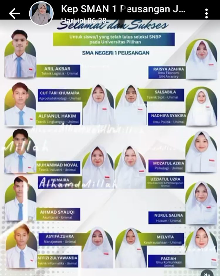 16 Siswa SMAN 1 Peusangan Lulus SNBP 2026, Mayoritas Diterima di Universitas Malikussaleh